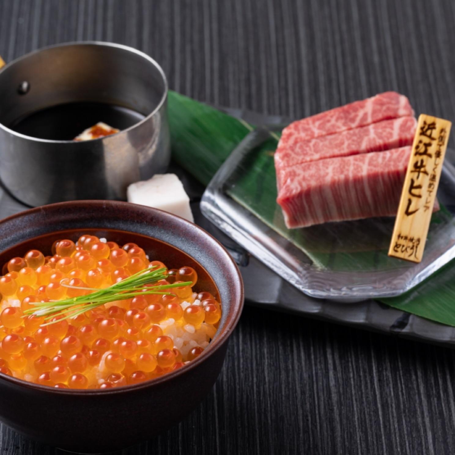 名物ヘレ飯は近江牛のヒレをトリュフや雲丹やいくら乗せて目の前でお作りする小丼⭐︎とびうしは全席が完全個室の和牛焼肉のお店…